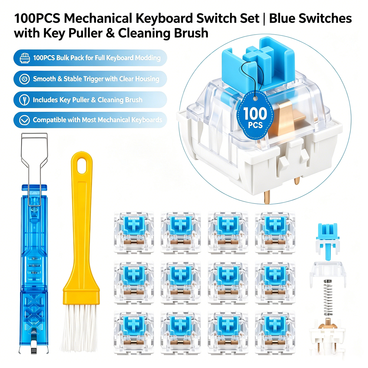 Gaming Keyboard Blue Switches - 100Pack Clear RGB Backlight Mechanical Keyboard