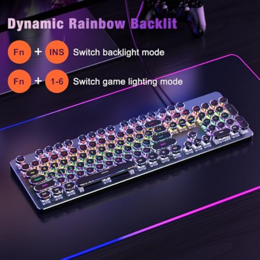 Typewriter Style Mechanical Ga - Gaming Keyboard Blue Switches ulasan dan harga